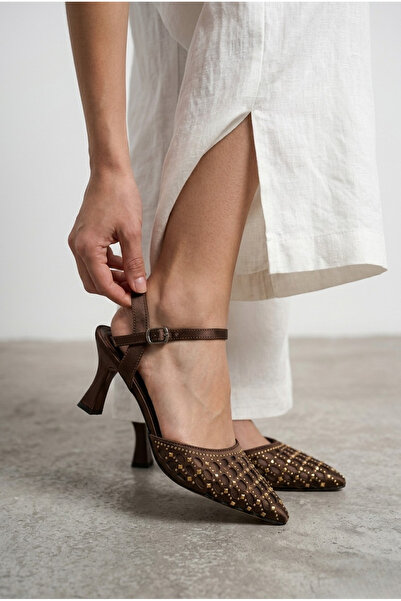 GİAMGİA STORE Γυναικεία βραδινά παπούτσια με τακούνι σε καφέ χρώμα, με διχτυω...