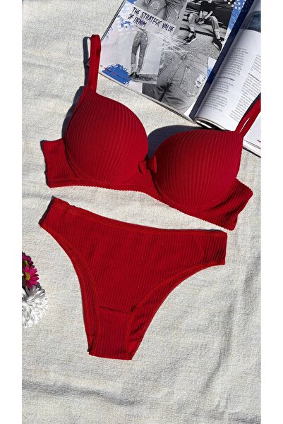 RUYAZ Σετ Σουτιέν και Σλιπ με Ελαφριά Υποστήριξη, Κόκκινο Κορδελωτό