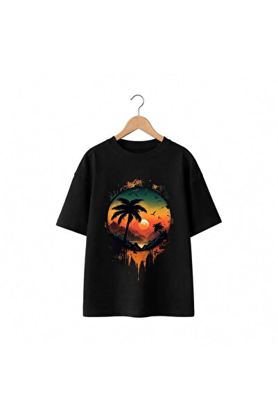 playwear تي شيرت Palmiye Sunset Gögüs مطبوع بنسبة 100% من القطن، مقاس كبير، ف...