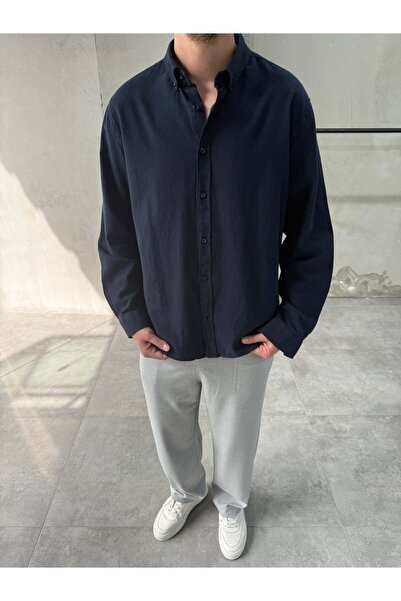 DIFRANSEL JEANS Comfortable Fit Linen Cotton Navy Blue Shirt