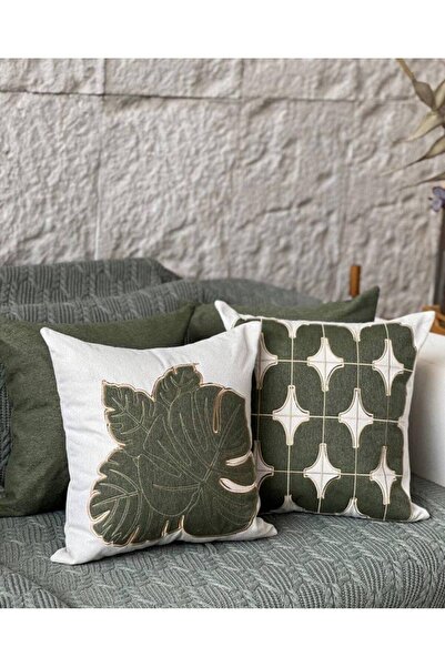 Diva Home 4-Piece Special Series of 2 Plain Green Color 2 Embroidered Appliqu...