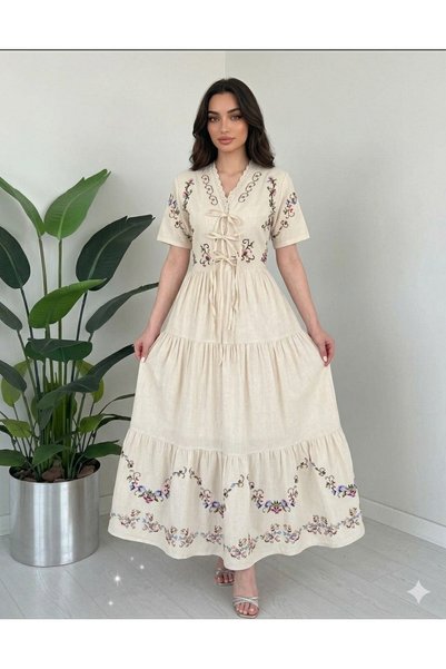 Generic Brand Women's Etamin Embroidered Linen Dress with Elastic Waist