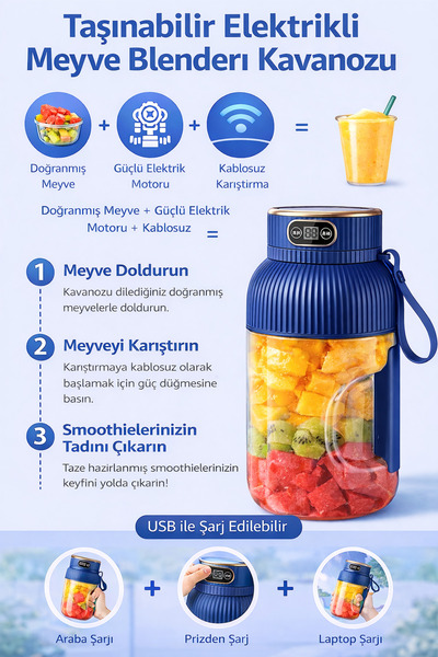 AKSOY HOMESTYLE Taşınabilir USB Şarjlı Smoothie Blender