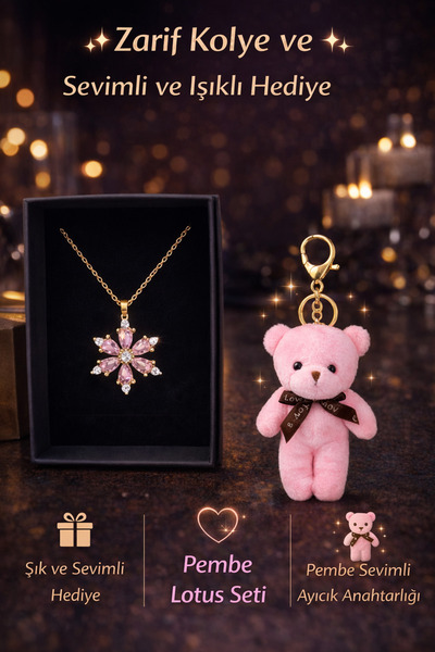 Selvica Kararmaz Çelik Pembe Lotus Kamelya Çiçeği Kolye Ve Pembe Ayıcık Anaht...