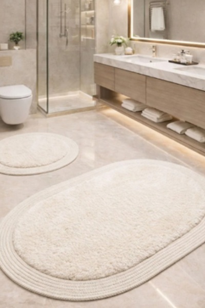 SİMEREV HALI HOME CONSEPT 2-Piece Post Bathroom Mat Set Non-Slip Base Washable Plush Jute Edge Detailed Oval Round 100X60 60X60 Rug Carpet