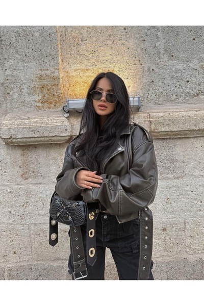 Ekim Store Χακί δερμάτινο μπουφάν με ζώνη και κοντό μήκος