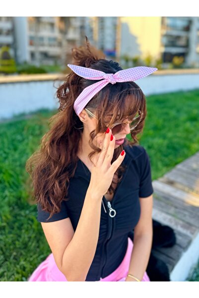 Pembe Ekose Kadın Pamuklu Poplin Lastikli Bağlamalı Bandana
