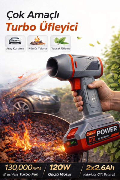 21V Şarjlı Hava Üfleyici Çift Batarya 2.6Ah | 120W Karbon Fırçasız Motor Yüksek Güçlü Blower