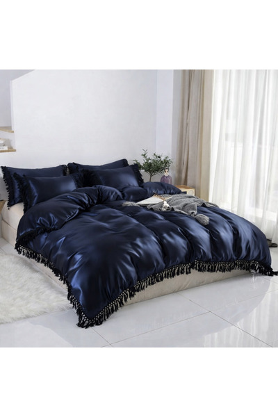 METİNEV Cotton Satin Fringed Duvet Cover Set - Navy Blue with Bohemian Lace D...