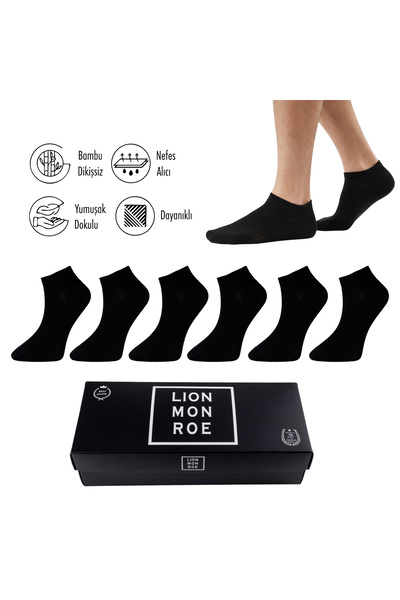 Lion Monroe Saf Bambu Erkek Patik Düz Kısa Siyah Çorap Dikişsiz Premium Kutul...