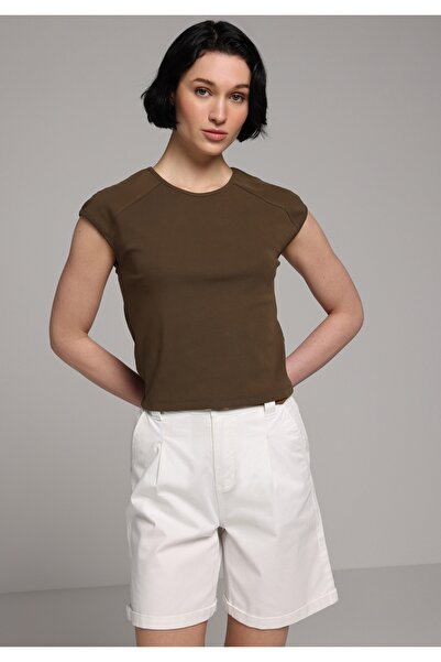 Colin's Slim Fit Kayık Yaka Απλό γυναικείο καφέ κοντομάνικο μπλουζάκι