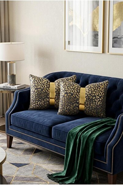 DAHABELLA LUXE HOME غطاء وسادة مخملي مطبوع عليه ريش الأرانب باللون الذهبي مقا...