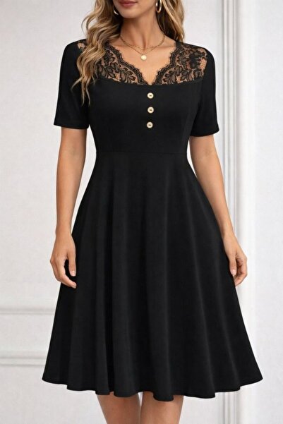 DRESSIFY WOMEN’S FASHION Γυναικείο κοντομάνικο φόρεμα Janjan από κρεπ με δαντ...