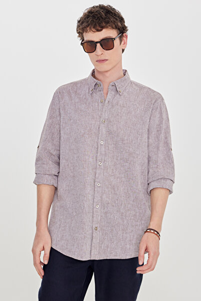 ALTINYILDIZ CLASSICS Ανδρικό πουκάμισο με ριγέ γιακά, από καφέ βαμβακερό λινό...