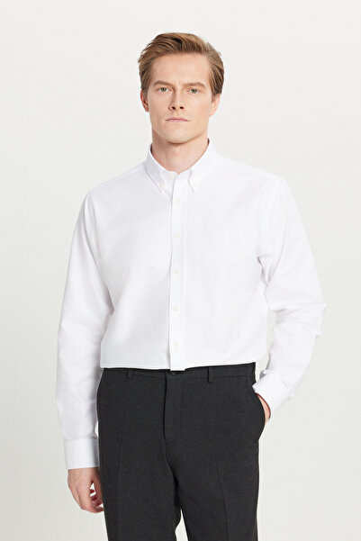 ALTINYILDIZ CLASSICS Ανδρικό λευκό πουκάμισο με γιακά με κουμπιά, 100% βαμβακ...