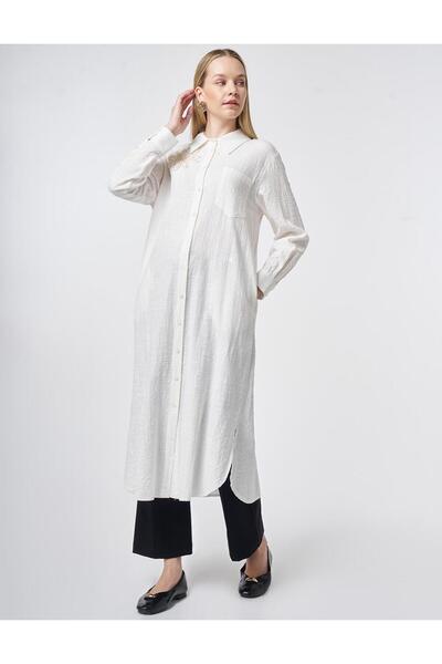 Kayra Κεντητό Απλικέ Γκοφρέ Μακρύ Τουνίκ σε Εκρού Απόχρωση