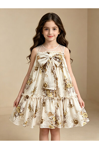 Greneric Floral Print Toddler Girl Princess Dress with Big Bow & Mesh Neckline