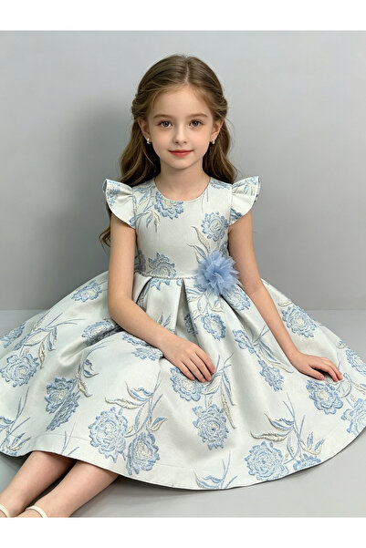Greneric Light Blue Girl Princess Dress with Floral Jacquard & Ruffle Sleeves