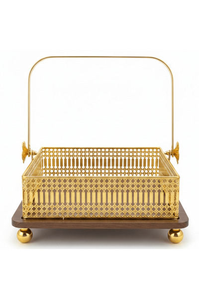 AKDC Square Wooden Candy Tray with Golden Metal Base and Handle for Serving S...
