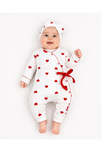 BYMURAT BABY Heart Patterned Baby Romper with Bow Detail – Without Booties (0...