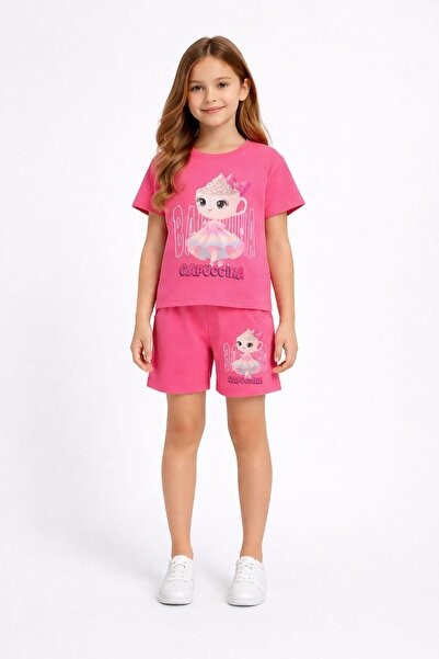 Cansın Mini Pink Cute Capuccina Printed Girls' Shorts 2-Piece Set 23889