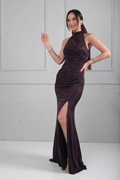By Saygı Women's Neckline Gathered Front Glitter Lined Dress