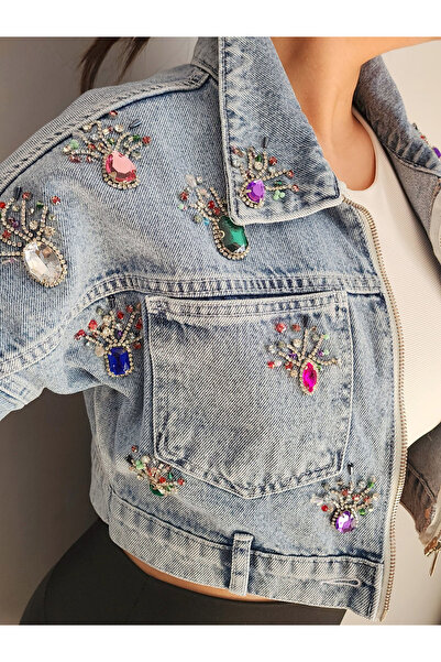 RENGARENG Kadın Tasarım Denim Ceket Renkli Taş ve Zincir İşleme Detaylı Mavi ...