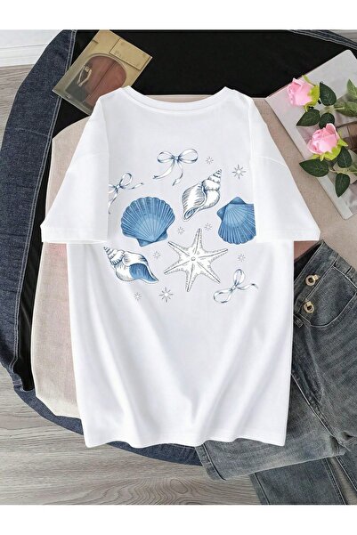 ZAVIXO ΓΥΝΑΙΚΕΙΟ Oversize Μπλουζάκι με Βασικό Σχέδιο Θαλάσσιων Κοχυλιών – 100...