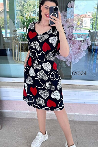 İnce Topuk Φόρεμα Viscose με V λαιμόκοψη και διακοσμητικές λωρίδες 6y024