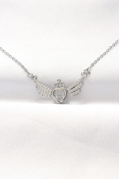 özssa 316L Steel Silver Color Zircon Stone Heart Wing Necklace