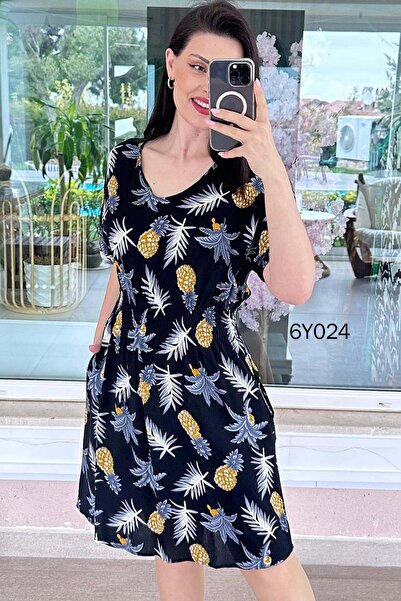 İnce Topuk Φόρεμα Viscose με V λαιμόκοψη και διακοσμητικές λωρίδες 6y024