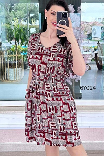 İnce Topuk Φόρεμα Viscose με V λαιμόκοψη και διακοσμητικές λωρίδες 6y024