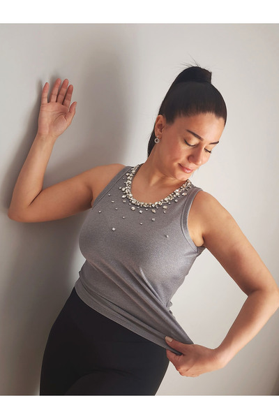 RENGARENG Women's Design T-Shirt Gray Glittery Stone Embellished Detailed Camisole Undershirt