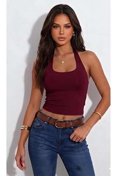 ÖZ PAMUK ΜΠΛΟΥΖΑ με λαιμόκοψη halter, απλή, από ελαστικό ύφασμα