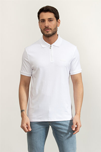 Calvin Klein تي شيرت SS Slim Supima Zip Polo للرجال ذو ياقة بولو باللون الأبيض