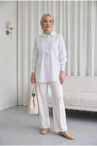 HİJABAYA Lace-Up Front Detail, Buttoned Long Sleeve Hijab Poplin Shirt - White