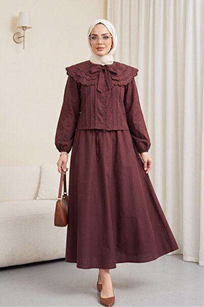 Modamorfo Wide Collar Tie-Back Sleeve Elastic Skirt Lined Poplin Suit - Burgundy
