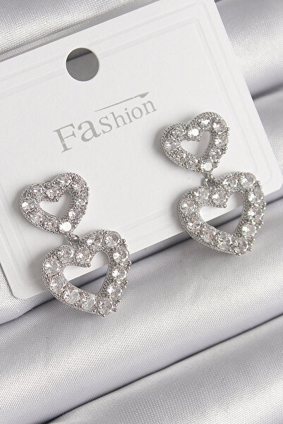 özssa Brass Silver Color Zircon Stone Dangle Heart Model Women's Earrings