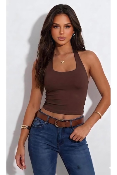 ÖZ PAMUK ΜΠΛΟΥΖΑ με λαιμόκοψη halter, απλή, από ελαστικό ύφασμα