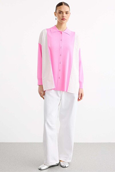 Tığ Triko Çizgli Kumaş Mixli Rayon Tunik AÇIK PEMBE