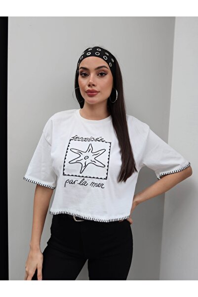 ESRAHELVACI Μπλουζάκι Crop με Κέντημα Αστεριών