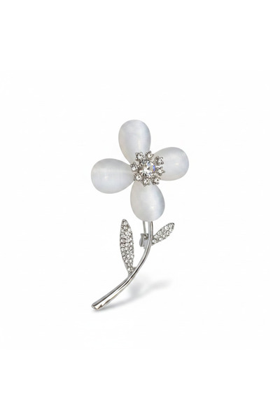 Lillys Jewellery Kadın Gümüş Renk Görünümlü Kristal Taşlı Çiçek Broş