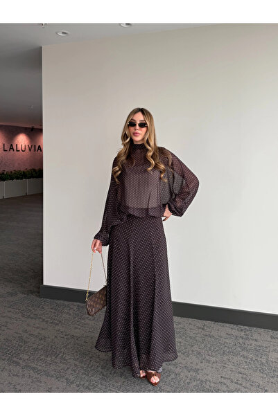 Laluvia Καφέ Σιφόν Πουά Σετ Φούστα-Μπλούζα - 4097 - 3215