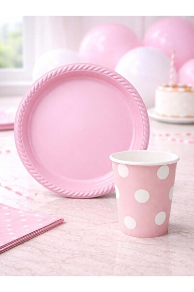 Parti Adresi Pembe Plastik Tabak & Karton Bardak Seti – Doğum Günü Parti Malz...