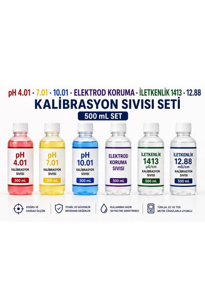 teknoistanbul pH 4.01 - 7.01 - 10.01 - Elektrod Koruma - 1413 µS/cm - 12.88 mS/cm Kalibrasyon Sıvısı (500 mL Set)