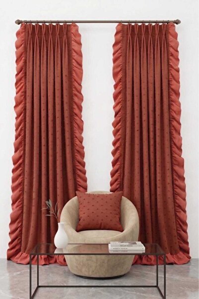 Madame Dower Κουρτίνα από λινό ύφασμα με λεπτομέρεια πομπόν και βελούδινα βολ...