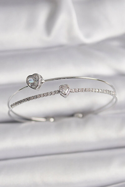 Generic Brand Brass Silver Color Zircon Stone Heart Model Women's Bracelet