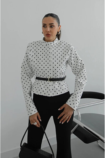 My Blog Λευκό Πουά Μπουφάν με Ζώνη - 3310