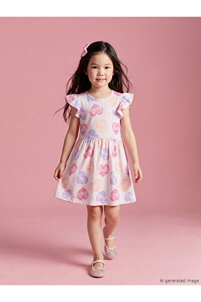 LC Waikiki Nevavm Oval Collar Barbie Printed Girls' Combed Cotton Dress with ...