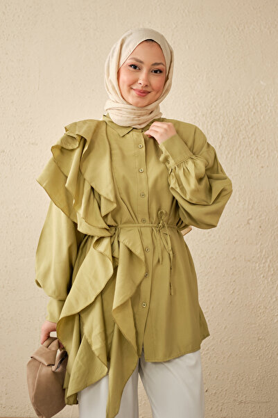 LOCCO Γυναικείο πουκάμισο με βολάν και κορδόνια σε πράσινο χρώμα